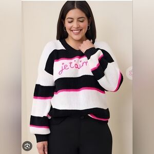 Torrid Black, White, and Pink Drop Shoulder Je T'aime Sweater